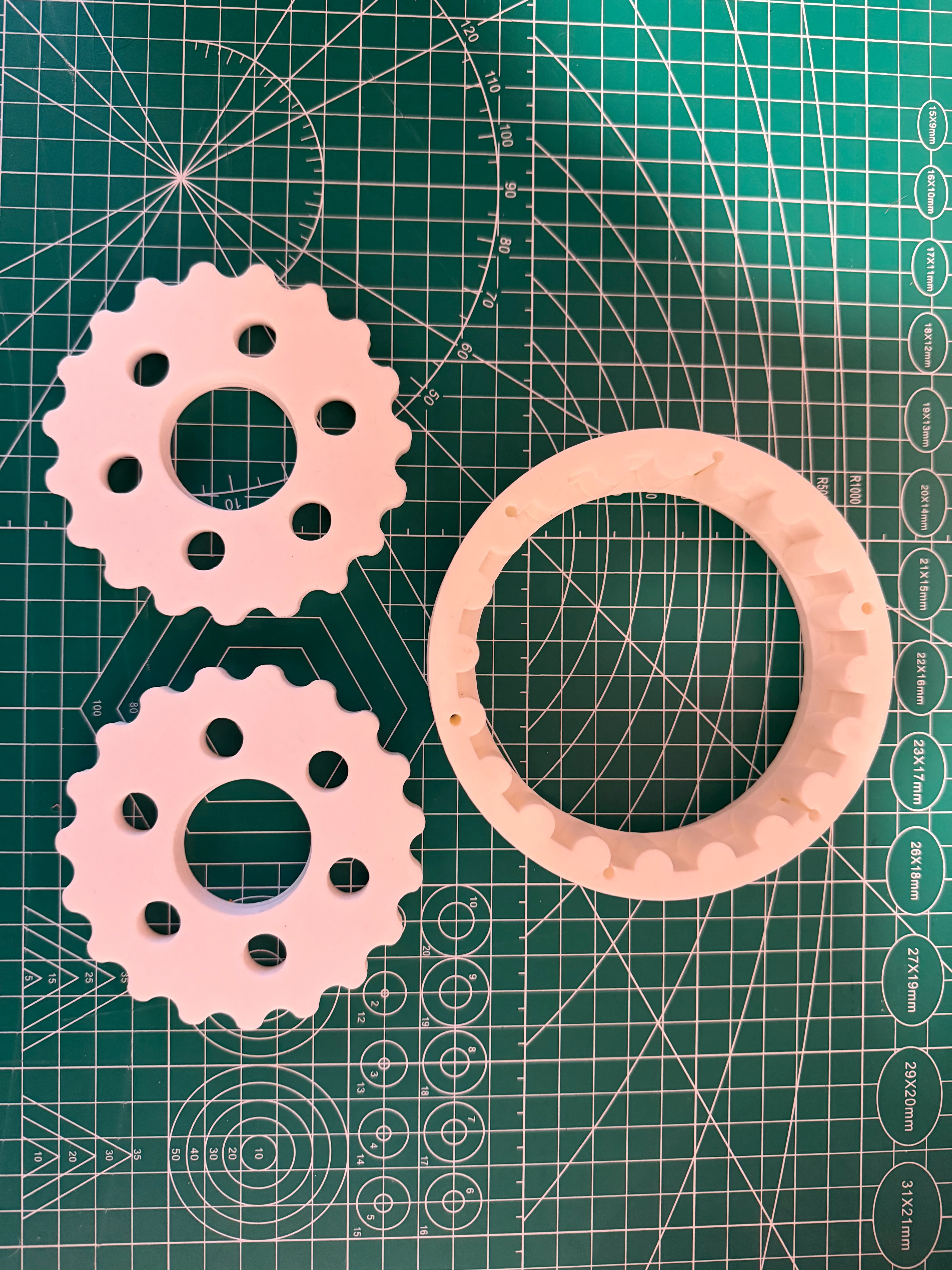 Printed ring gear and the two cycloidal discs that ride against it