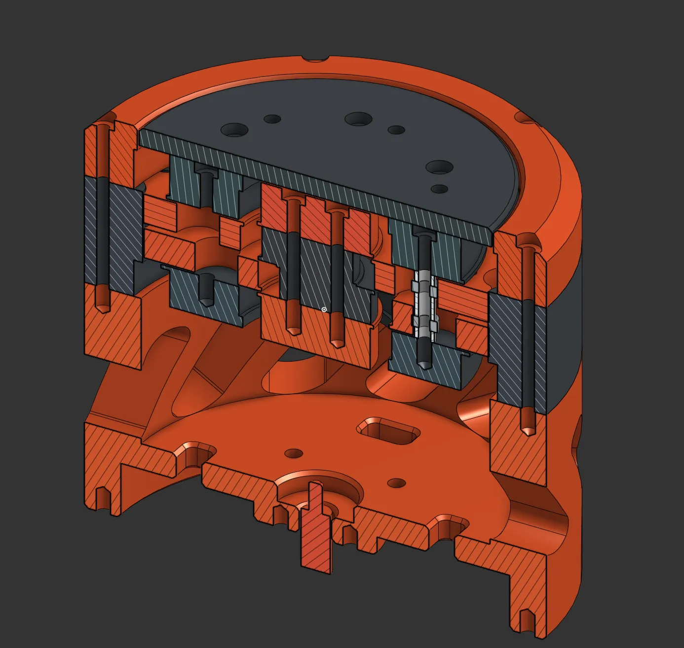 CAD section view showing the eccentric cam, paired cycloidal discs, ring gear, and output pins